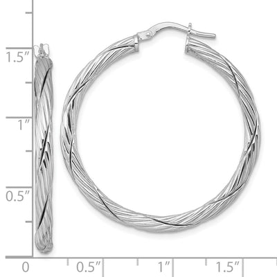 Sterling Silver Rhodium-plated Polished Textured and Twisted 3.00 x Round Hoop Earrings, 38 x 3mm