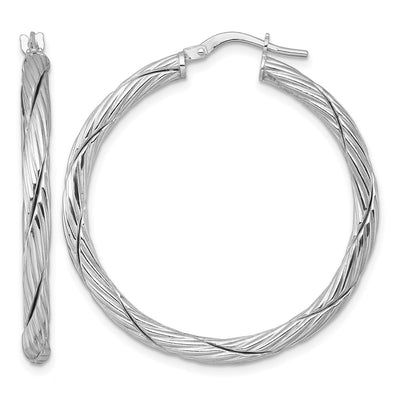 Sterling Silver Rhodium-plated Polished Textured and Twisted 3.00 x Round Hoop Earrings, 38 x 3mm