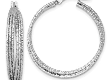 Sterling Silver Rhodium-plated Textured Crisscross Round Hoop Earrings (Style QE17920)