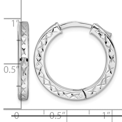 Sterling Silver Rhodium-plated Polished Diamond-cut with Safety Lock Hinged Square Tube Hoop Earrings, 23 x 3mm