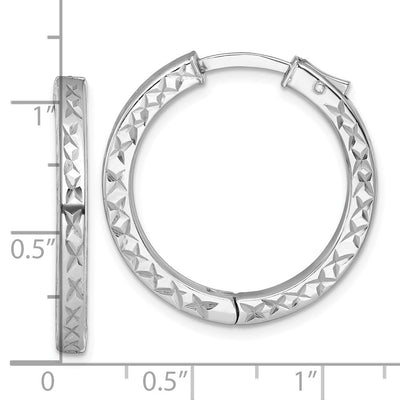 Sterling Silver Rhodium-plated Polished Diamond-cut with Safety Lock Hinged Square Tube Hoop Earrings, 28 x 3mm