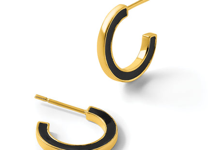 Sterling Silver Gold-tone Polished Black Enamel Post C-Hoop Earrings, 15 x 2mm