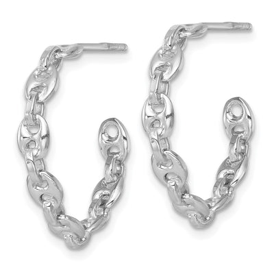 Sterling Silver Rhodium-plated x Puffed Anchor/Mariner Link C-Hoop Post Earrings, 24.5 x 3.75mm