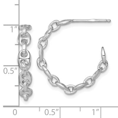 Sterling Silver Rhodium-plated x Puffed Anchor/Mariner Link C-Hoop Post Earrings, 24.5 x 3.75mm