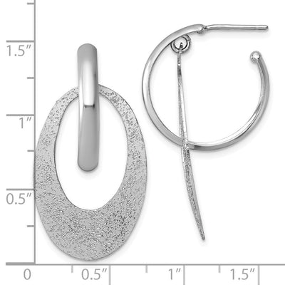 Sterling Silver Rhodium-plated Polished and Brushed Oval Dangle C-Hoop Post Earrings, 33.5 x 17mm