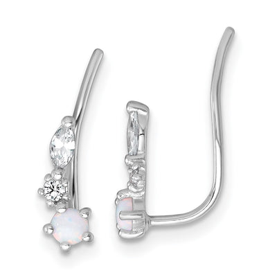 Sterling Silver Rhodium-plated Polished CZ and Lab Created Opal Ear Climber Earrings