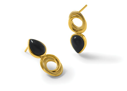 Sterling Silver Gold-tone Polished Black Agate Teardrop and Circle Mis-Matched Post Earrings