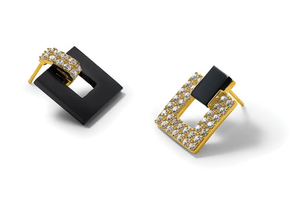 Sterling Silver Gold-tone Polished CZ and Black Agate Square Dangle Mis-Matched Post Earrings