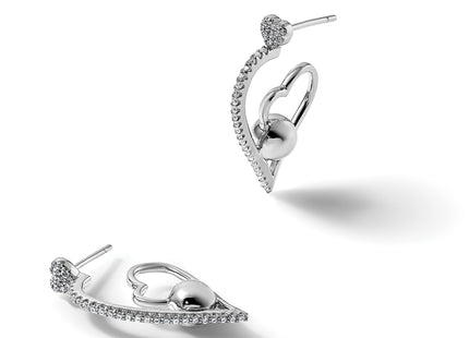 Sterling Silver Rhodium-plated CZ Polished Heart and Bead Post Earrings