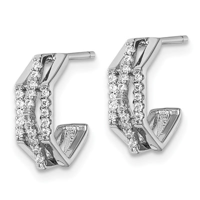 Sterling Silver Rhodium-plated CZ 3-Row Polished J-Hoop Post Earrings, 13.3 x 13.3mm
