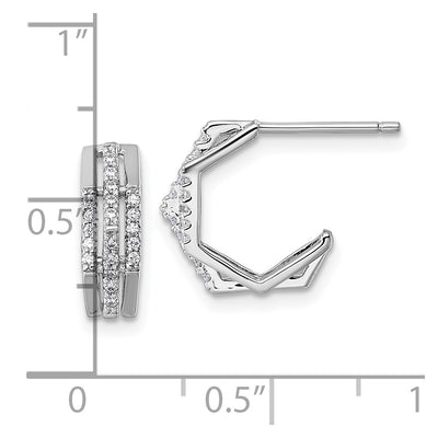 Sterling Silver Rhodium-plated CZ 3-Row Polished J-Hoop Post Earrings, 13.3 x 13.3mm