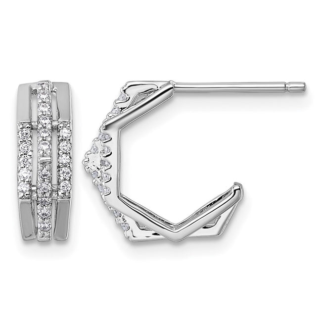 Sterling Silver Rhodium-plated CZ 3-Row Polished J-Hoop Post Earrings, 13.3 x 13.3mm