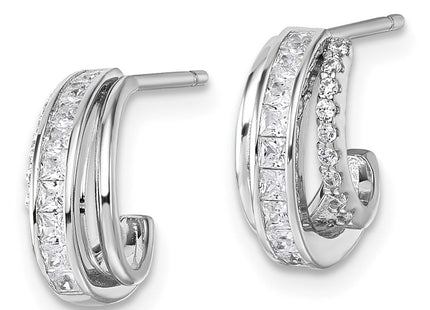Sterling Silver Rhodium-plated CZ 3-Row Polished J-Hoop Post Earrings (Style QE18072)