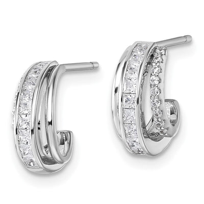 Sterling Silver Rhodium-plated CZ 3-Row Polished J-Hoop Post Earrings, 11.9 x 9.7mm