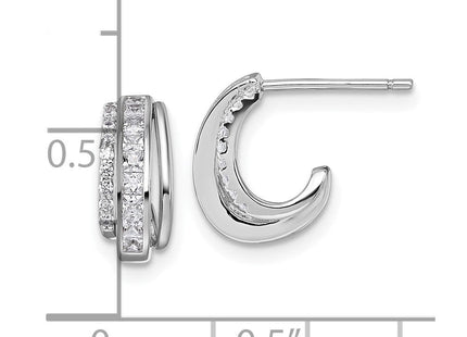 Sterling Silver Rhodium-plated CZ 3-Row Polished J-Hoop Post Earrings (Style QE18072)
