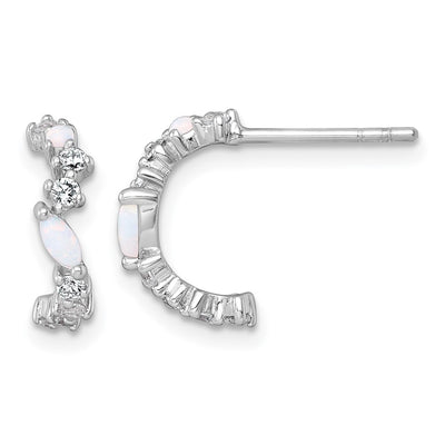 Sterling Silver Rhodium-plated Polished CZ and Lab Created Opal Post C-Hoop Earrings