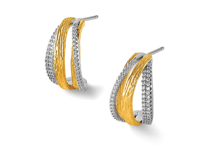 Sterling Silver Rhodium and Gold-tone CZ Brushed and Polished Curved J-Hoop Post Earrings