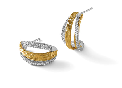 Sterling Silver Rhodium and Gold-tone CZ Brushed and Polished Curved J-Hoop Post Earrings