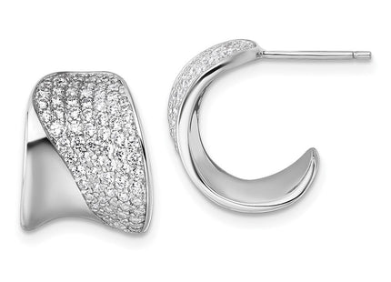 Sterling Silver Rhodium-plated CZ Polished J-Hoop Post Earrings (Style QE18099)