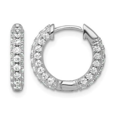 Sterling Silver Rhodium-plated Polished CZ Round Hinged Hoop Earrings, 15.2 x 16.7mm