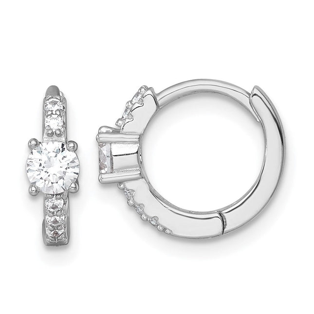 Sterling Silver Rhodium-plated Polished CZ Round Hinged Hoop Earrings, 11.4 x 13.4mm