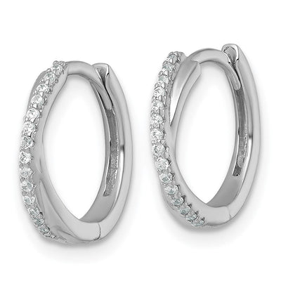 Sterling Silver Rhodium-plated Polished CZ -X- Round Hinged Hoop Earrings, 13.9 x 14.9mm