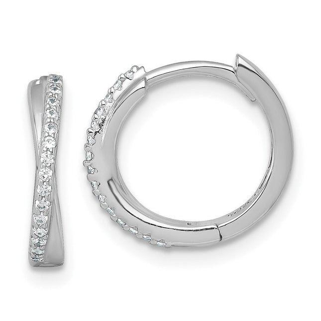 Sterling Silver Rhodium-plated Polished CZ -X- Round Hinged Hoop Earrings, 13.9 x 14.9mm