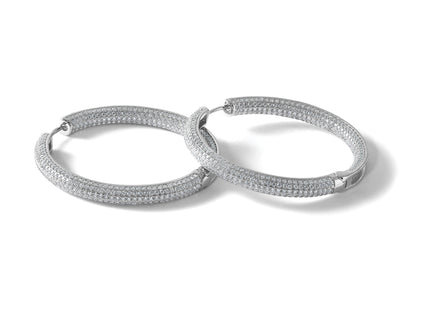 Sterling Silver Rhodium-plated In and Out CZ Pave 3.7 x Hinged Hoop Earrings
