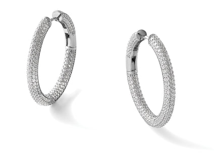 Sterling Silver Rhodium-plated In and Out CZ Pave 3.1 x Hinged Hoop Earrings