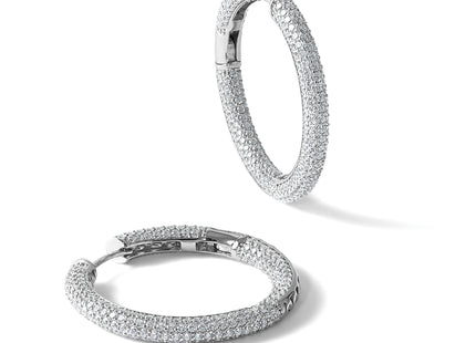 Sterling Silver Rhodium-plated In and Out CZ Pave 3.1 x Hinged Hoop Earrings