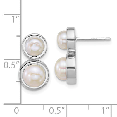 Sterling Silver Rhodium-plated Button White Freshwater Cultured 2-Pearl Post Earrings