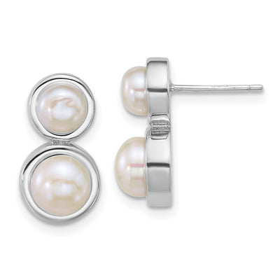 Sterling Silver Rhodium-plated Button White Freshwater Cultured 2-Pearl Post Earrings