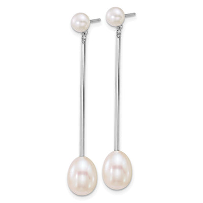 Sterling Silver Rhodium-plated Button and Teardrop White Freshwater Cultured Pearl and Bar Dangle Post Earrings