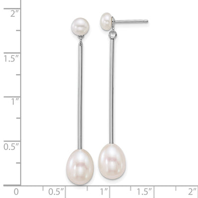 Sterling Silver Rhodium-plated Button and Teardrop White Freshwater Cultured Pearl and Bar Dangle Post Earrings