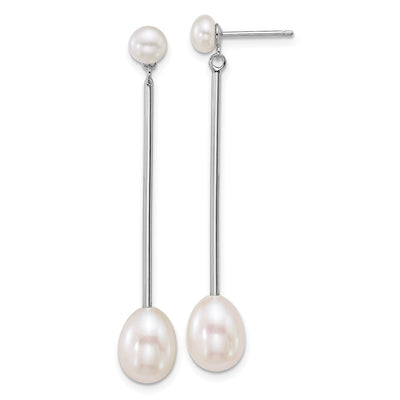 Sterling Silver Rhodium-plated Button and Teardrop White Freshwater Cultured Pearl and Bar Dangle Post Earrings