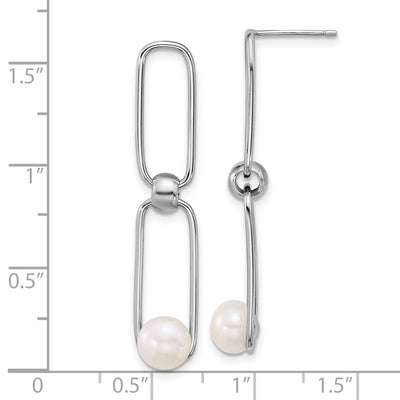Sterling Silver Rhodium-plated Button White Freshwater Cultured Pearl and Long Link Dangle Post Earrings