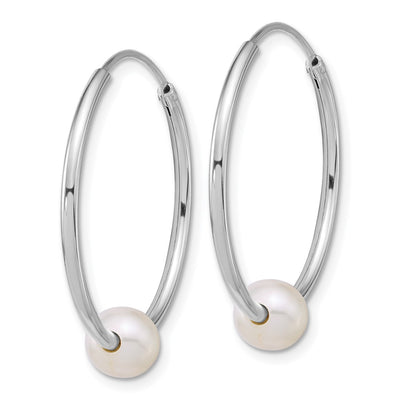 Sterling Silver Rhodium-plated Semi-Round White Freshwater Cultured Pearl Endless Hoop Earrings, 27.5 x 26.5mm