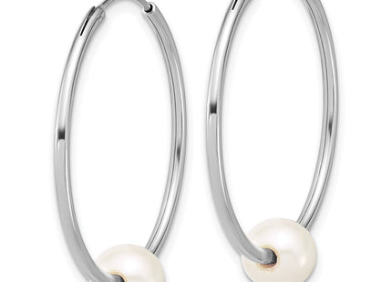Sterling Silver Rhodium-plated 7- Semi-Round White Freshwater Cultured Pearl Endless Hoop Earrings (Style QE18176)
