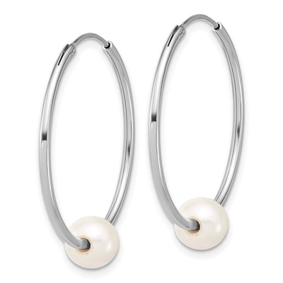 Sterling Silver Rhodium-plated Semi-Round White Freshwater Cultured Pearl Endless Hoop Earrings, 32.4 x 30mm
