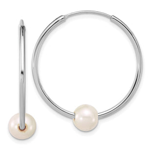 Sterling Silver Rhodium-plated 7- Semi-Round White Freshwater Cultured Pearl Endless Hoop Earrings (Style QE18176)