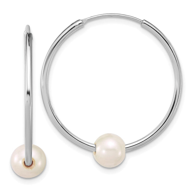 Sterling Silver Rhodium-plated 7- Semi-Round White Freshwater Cultured Pearl Endless Hoop Earrings, 32.4 x 30mm