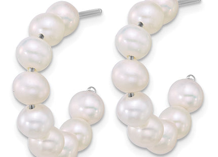 Sterling Silver Rhodium-plated 5- Semi-Round White Freshwater Cultured Pearl C-Hoop Post Earrings (Style QE18177)