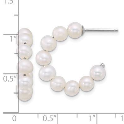 Sterling Silver Rhodium-plated Semi-Round White Freshwater Cultured Pearl C-Hoop Post Earrings, 24.35 x 27.3mm