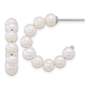 Sterling Silver Rhodium-plated 5- Semi-Round White Freshwater Cultured Pearl C-Hoop Post Earrings (Style QE18177)
