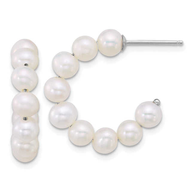 Sterling Silver Rhodium-plated 5- Semi-Round White Freshwater Cultured Pearl C-Hoop Post Earrings, 24.35 x 27.3mm