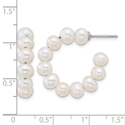 Sterling Silver Rhodium-plated Semi-Round White Freshwater Cultured Pearl C-Hoop Post Earrings, 24.5 x 28.4mm