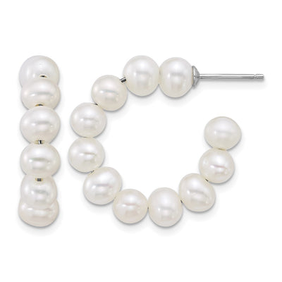 Sterling Silver Rhodium-plated Semi-Round White Freshwater Cultured Pearl C-Hoop Post Earrings, 24.5 x 28.4mm