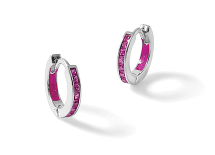 Sterling Silver Polished Pink CZ and Pink Enamel In and Out Hinged Round Hoop Earrings