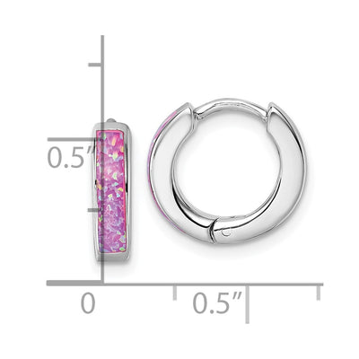 Sterling Silver Rhodium-plated Polished x Pink Lab Created Opal Hinged Hoop Earrings