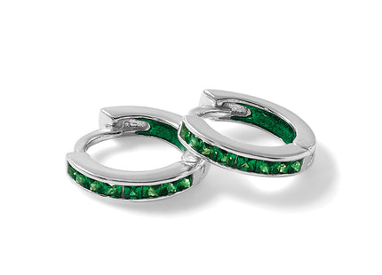 Sterling Silver Polished Green CZ and Green Enamel In and Out Hinged Round Hoop Earrings